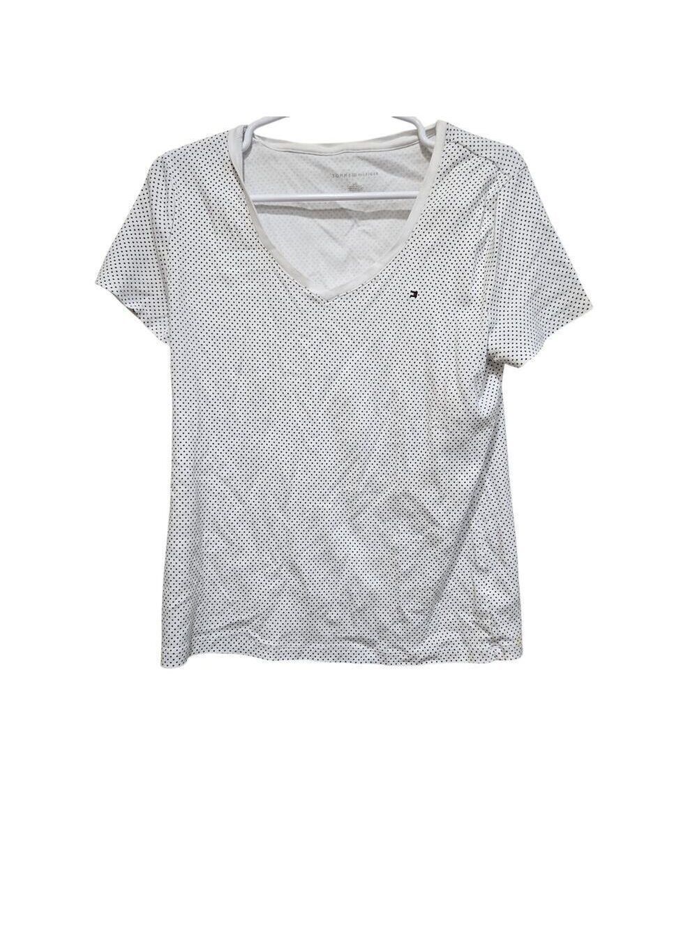 Tommy Hilfiger Polka Dot Tee Large White Navy V Neck Cotton